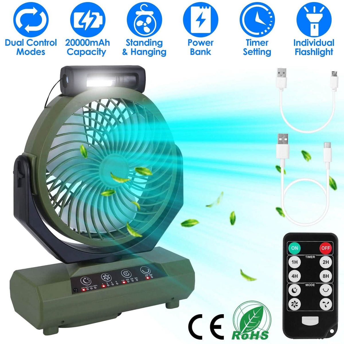 20000mAh Rechargeable Oscillating Camping Fan with Flashlight Hanging Hook Remote Control - A-1 Thread Vault