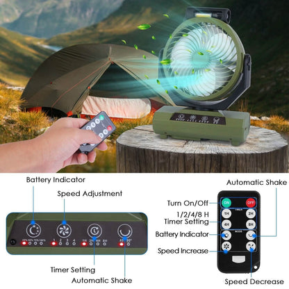 20000mAh Rechargeable Oscillating Camping Fan with Flashlight Hanging Hook Remote Control - A-1 Thread Vault
