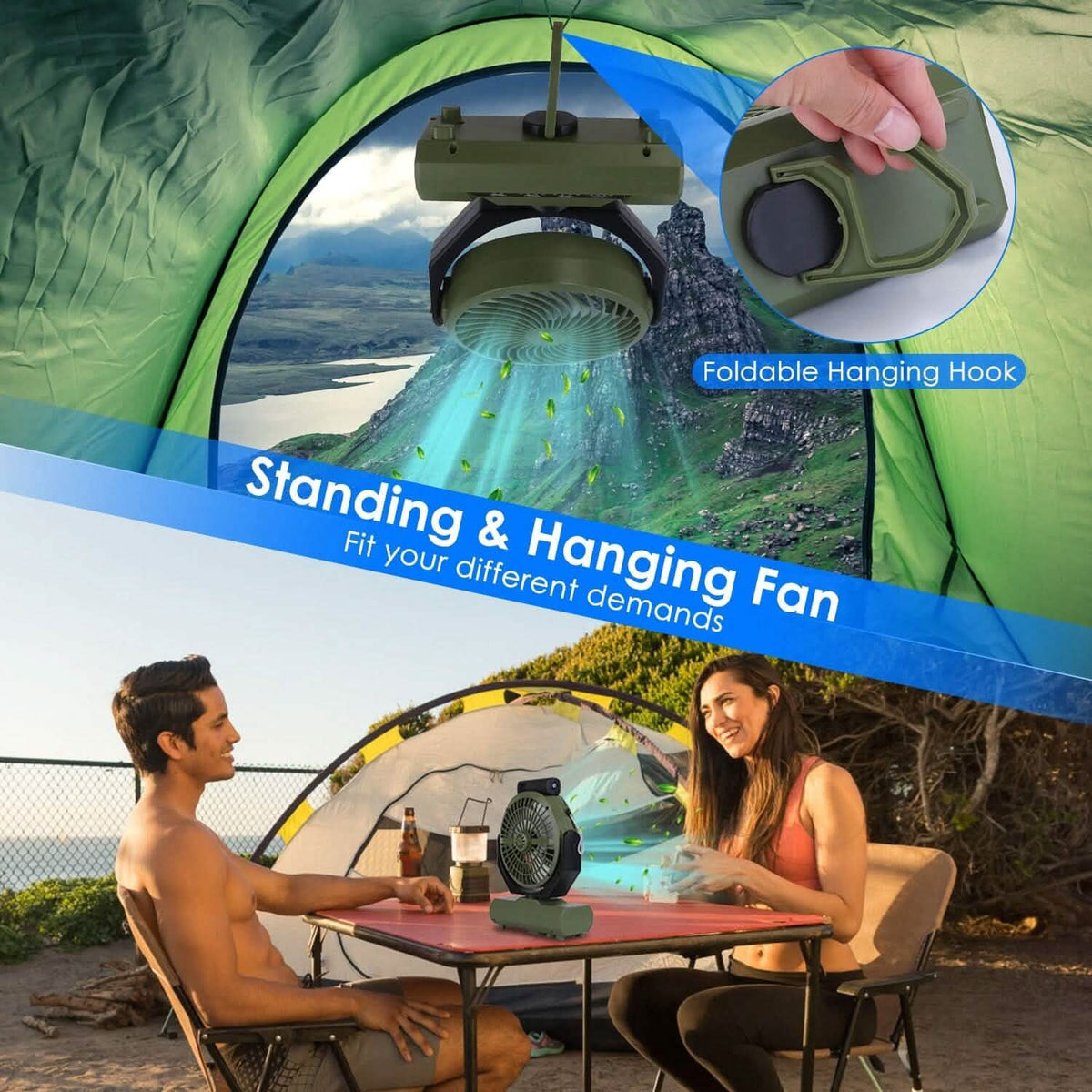 20000mAh Rechargeable Oscillating Camping Fan with Flashlight Hanging Hook Remote Control - A-1 Thread Vault