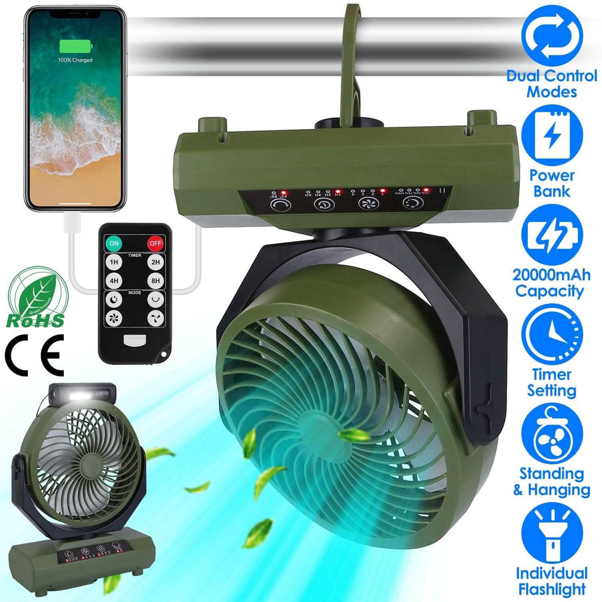 20000mAh Rechargeable Oscillating Camping Fan with Flashlight Hanging Hook Remote Control - A-1 Thread Vault
