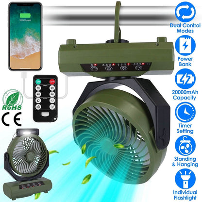 20000mAh Rechargeable Oscillating Camping Fan with Flashlight Hanging Hook Remote Control - A-1 Thread Vault