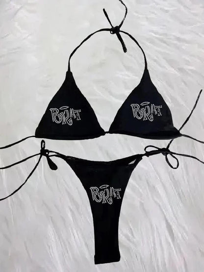 2000s Woman Punk New Beach Swimwear gothic clothes BRAT Rhinestone printing Grunge Swimsuit Bikini Y2K Bathing Suits Lace Up - A-1 Thread Vault
