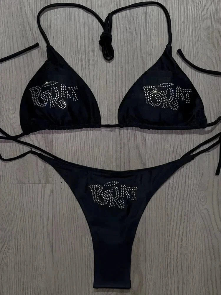 2000s Woman Punk New Beach Swimwear gothic clothes BRAT Rhinestone printing Grunge Swimsuit Bikini Y2K Bathing Suits Lace Up - A-1 Thread Vault