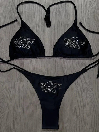 2000s Woman Punk New Beach Swimwear gothic clothes BRAT Rhinestone printing Grunge Swimsuit Bikini Y2K Bathing Suits Lace Up - A-1 Thread Vault