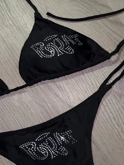 2000s Woman Punk New Beach Swimwear gothic clothes BRAT Rhinestone printing Grunge Swimsuit Bikini Y2K Bathing Suits Lace Up - A-1 Thread Vault