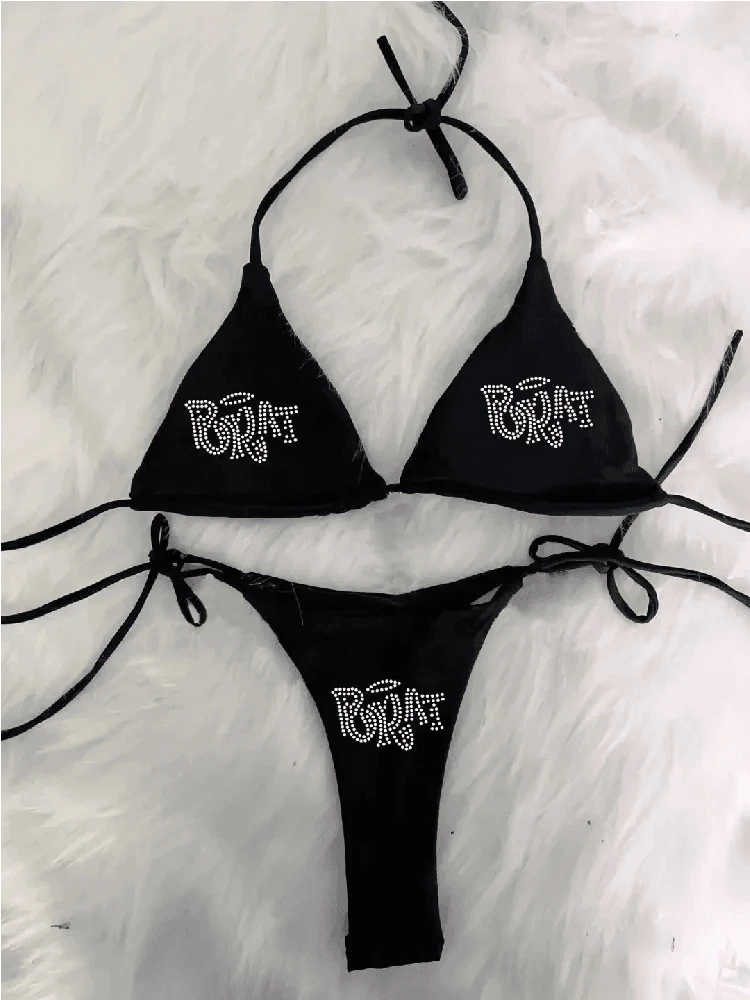 2000s Woman Punk New Beach Swimwear gothic clothes BRAT Rhinestone printing Grunge Swimsuit Bikini Y2K Bathing Suits Lace Up - A-1 Thread Vault