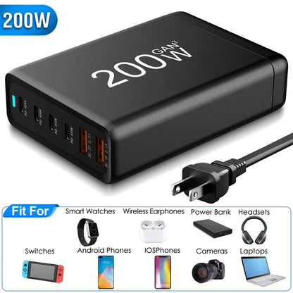 200W Fast Wall Charger with 6 Charging Ports Desktop USB Charging Station - A-1 Thread Vault