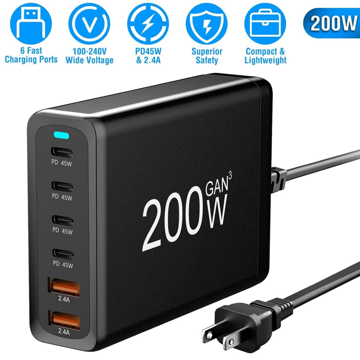 200W Fast Wall Charger with 6 Charging Ports Desktop USB Charging Station - A-1 Thread Vault