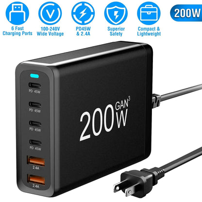 200W Fast Wall Charger with 6 Charging Ports Desktop USB Charging Station - A-1 Thread Vault