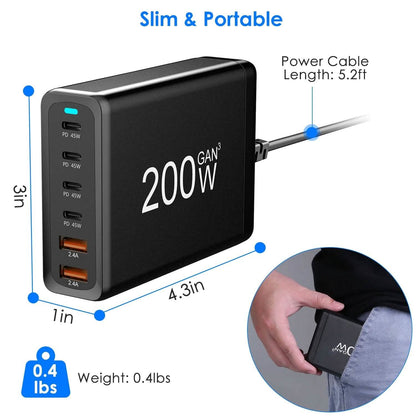 200W Fast Wall Charger with 6 Charging Ports Desktop USB Charging Station - A-1 Thread Vault
