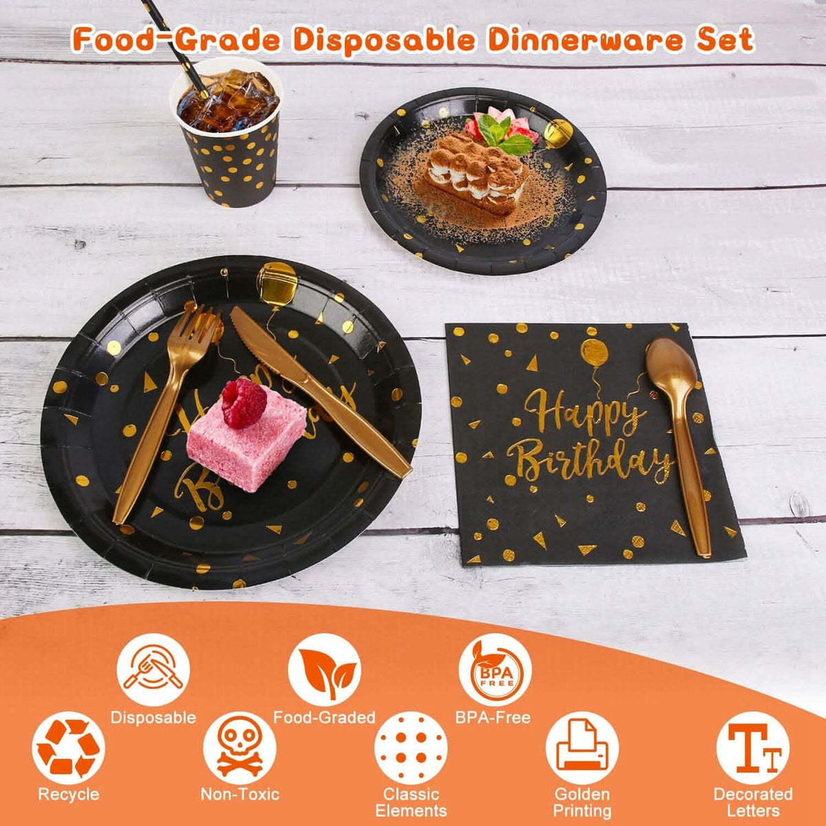 201 Pieces: Black Gold Disposable Dinnerware Set - A-1 Thread Vault