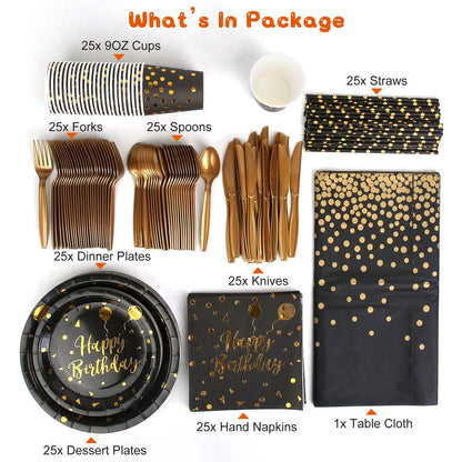 201 Pieces: Black Gold Disposable Dinnerware Set - A-1 Thread Vault