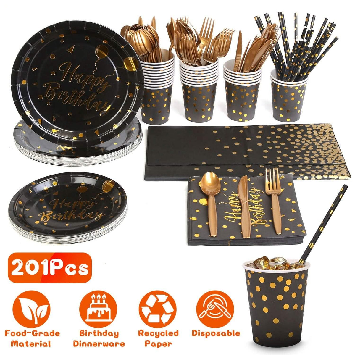 201 Pieces: Black Gold Disposable Dinnerware Set - A-1 Thread Vault