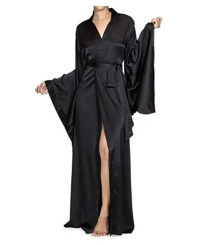 2019 New Solid Robes Women Black Red Long Sleeve Nightgown Ladies Girls Silk Satin Smooth Spring Lace Sleepwear Female Bathrobe - A-1 Thread Vault
