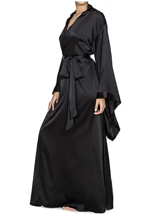 2019 New Solid Robes Women Black Red Long Sleeve Nightgown Ladies Girls Silk Satin Smooth Spring Lace Sleepwear Female Bathrobe - A-1 Thread Vault