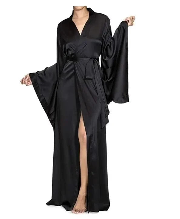 2019 New Solid Robes Women Black Red Long Sleeve Nightgown Ladies Girls Silk Satin Smooth Spring Lace Sleepwear Female Bathrobe - A-1 Thread Vault
