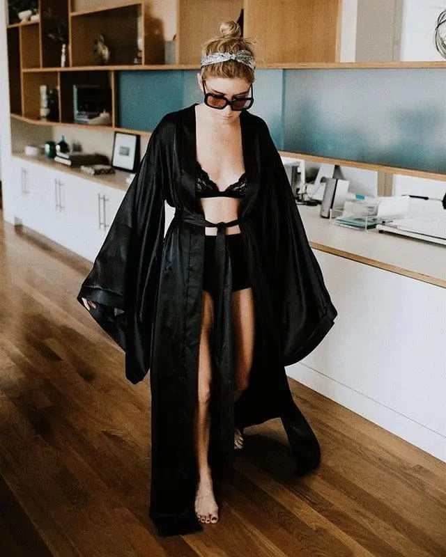 2019 New Solid Robes Women Black Red Long Sleeve Nightgown Ladies Girls Silk Satin Smooth Spring Lace Sleepwear Female Bathrobe - A-1 Thread Vault