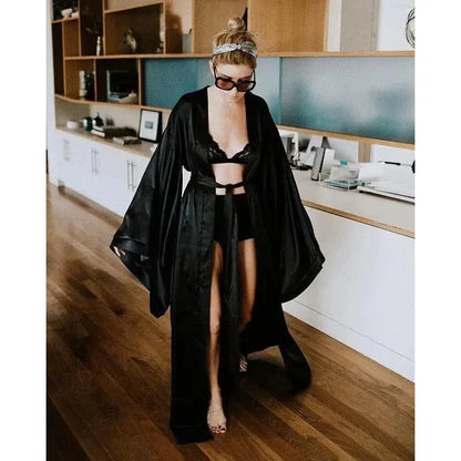 2019 New Solid Robes Women Black Red Long Sleeve Nightgown Ladies Girls Silk Satin Smooth Spring Lace Sleepwear Female Bathrobe - A-1 Thread Vault