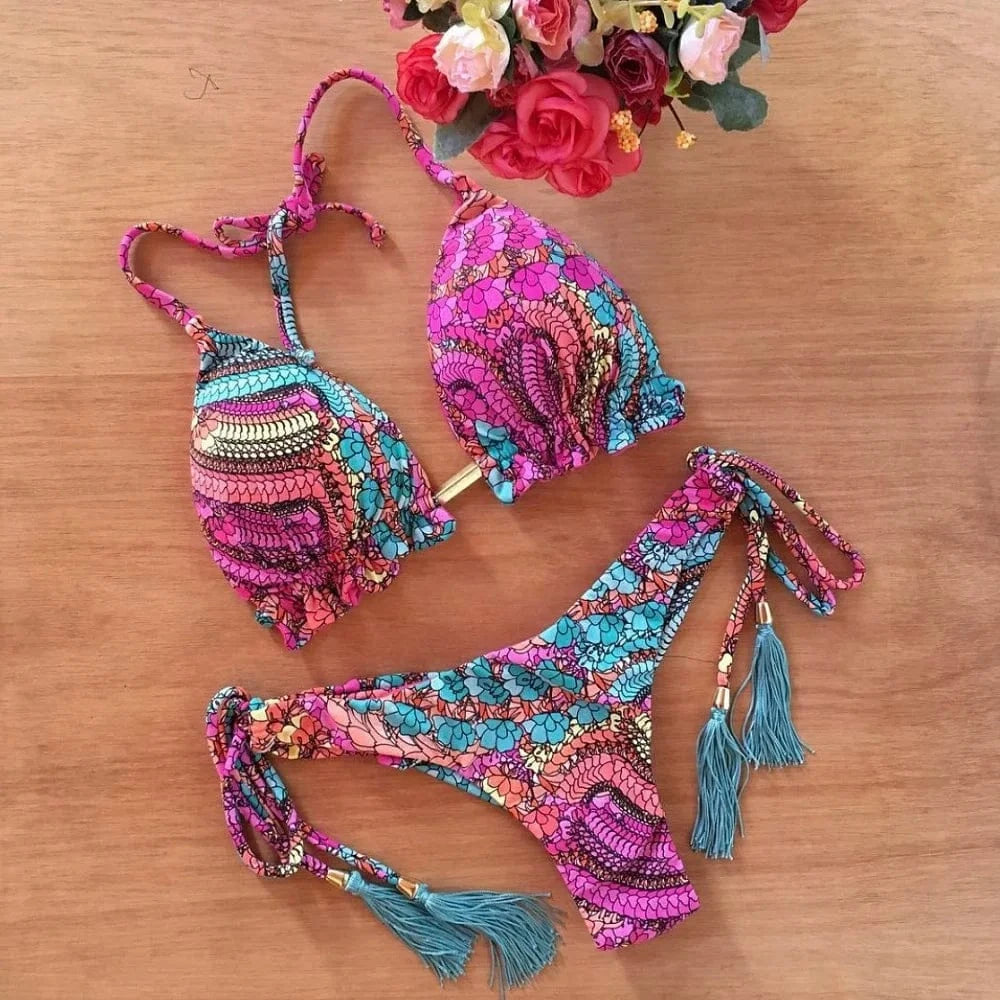 2022 Sexy Bikini Floral Print Swimwear String Bikini Set Push Up Swimsuit Bikinis Women Biquini Beach Bathing Suit Women - A-1 Thread Vault