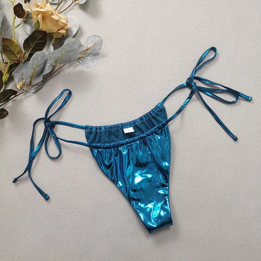 2024 Gem Blue Glossy Bikini Women's Clothing Swimsuit Summer Beach Vacation Outfits Thong Bathing Suit Bandeau Backless Swimwear - A-1 Thread Vault