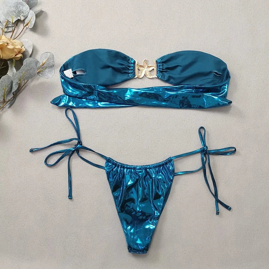 2024 Gem Blue Glossy Bikini Women's Clothing Swimsuit Summer Beach Vacation Outfits Thong Bathing Suit Bandeau Backless Swimwear - A-1 Thread Vault