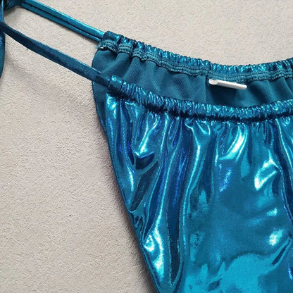 2024 Gem Blue Glossy Bikini Women's Clothing Swimsuit Summer Beach Vacation Outfits Thong Bathing Suit Bandeau Backless Swimwear - A-1 Thread Vault