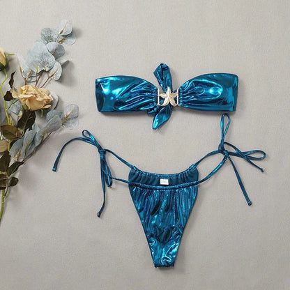 2024 Gem Blue Glossy Bikini Women's Clothing Swimsuit Summer Beach Vacation Outfits Thong Bathing Suit Bandeau Backless Swimwear - A-1 Thread Vault