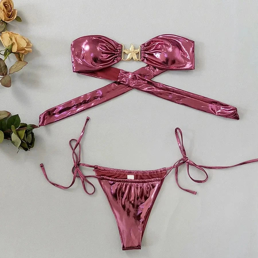2024 Gem Blue Glossy Bikini Women's Clothing Swimsuit Summer Beach Vacation Outfits Thong Bathing Suit Bandeau Backless Swimwear - A-1 Thread Vault