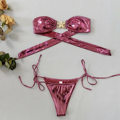 2024 Gem Blue Glossy Bikini Women's Clothing Swimsuit Summer Beach Vacation Outfits Thong Bathing Suit Bandeau Backless Swimwear - A-1 Thread Vault
