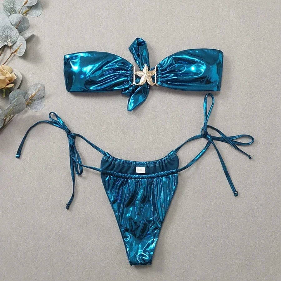 2024 Gem Blue Glossy Bikini Women's Clothing Swimsuit Summer Beach Vacation Outfits Thong Bathing Suit Bandeau Backless Swimwear - A-1 Thread Vault