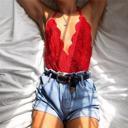 2024Women Sexy Backless Bodysuit Sleeveless Sexy Bodycon Tops Street Slim Fit Pantyhose Leotard Lace V-neck For Women ClubWear - A-1 Thread Vault