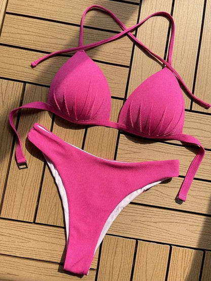 2025 Halter Bra Cup Bikini Sexy Swimsuit Female White Swimwear Women Push up Bikini set Brazilian Bathing Suit Bandeau Swim suit - A-1 Thread Vault