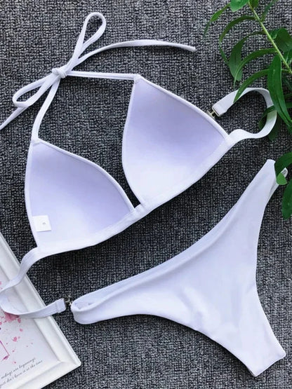 2025 Halter Bra Cup Bikini Sexy Swimsuit Female White Swimwear Women Push up Bikini set Brazilian Bathing Suit Bandeau Swim suit - A-1 Thread Vault