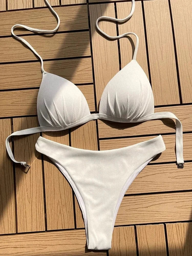 2025 Halter Bra Cup Bikini Sexy Swimsuit Female White Swimwear Women Push up Bikini set Brazilian Bathing Suit Bandeau Swim suit - A-1 Thread Vault