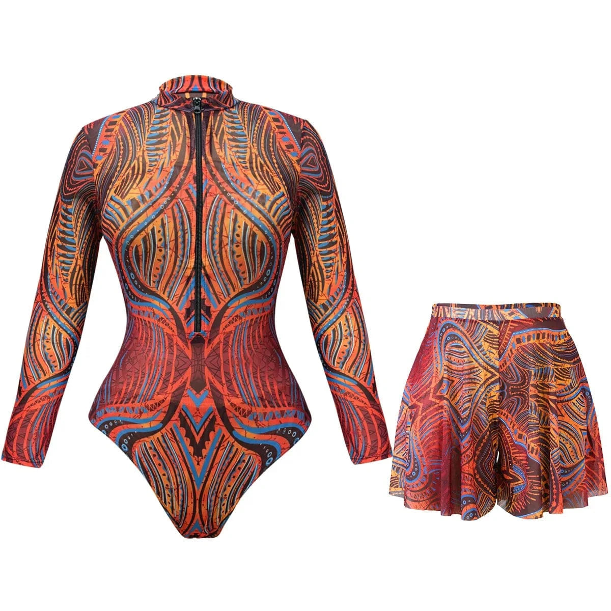 2025 Mesh Swimsuit with Long Sleeves Sexy One Piece Slimming Bathing Suit with Skirt & Long Pants Bodysuit Smart Beach Clothes - A-1 Thread Vault