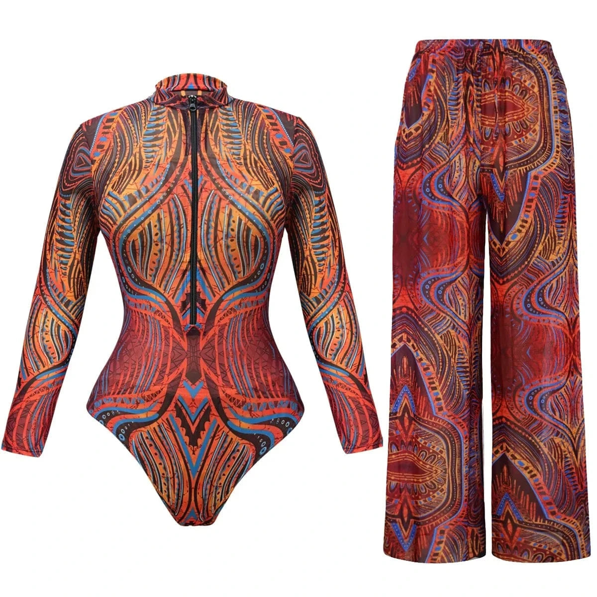 2025 Mesh Swimsuit with Long Sleeves Sexy One Piece Slimming Bathing Suit with Skirt & Long Pants Bodysuit Smart Beach Clothes - A-1 Thread Vault
