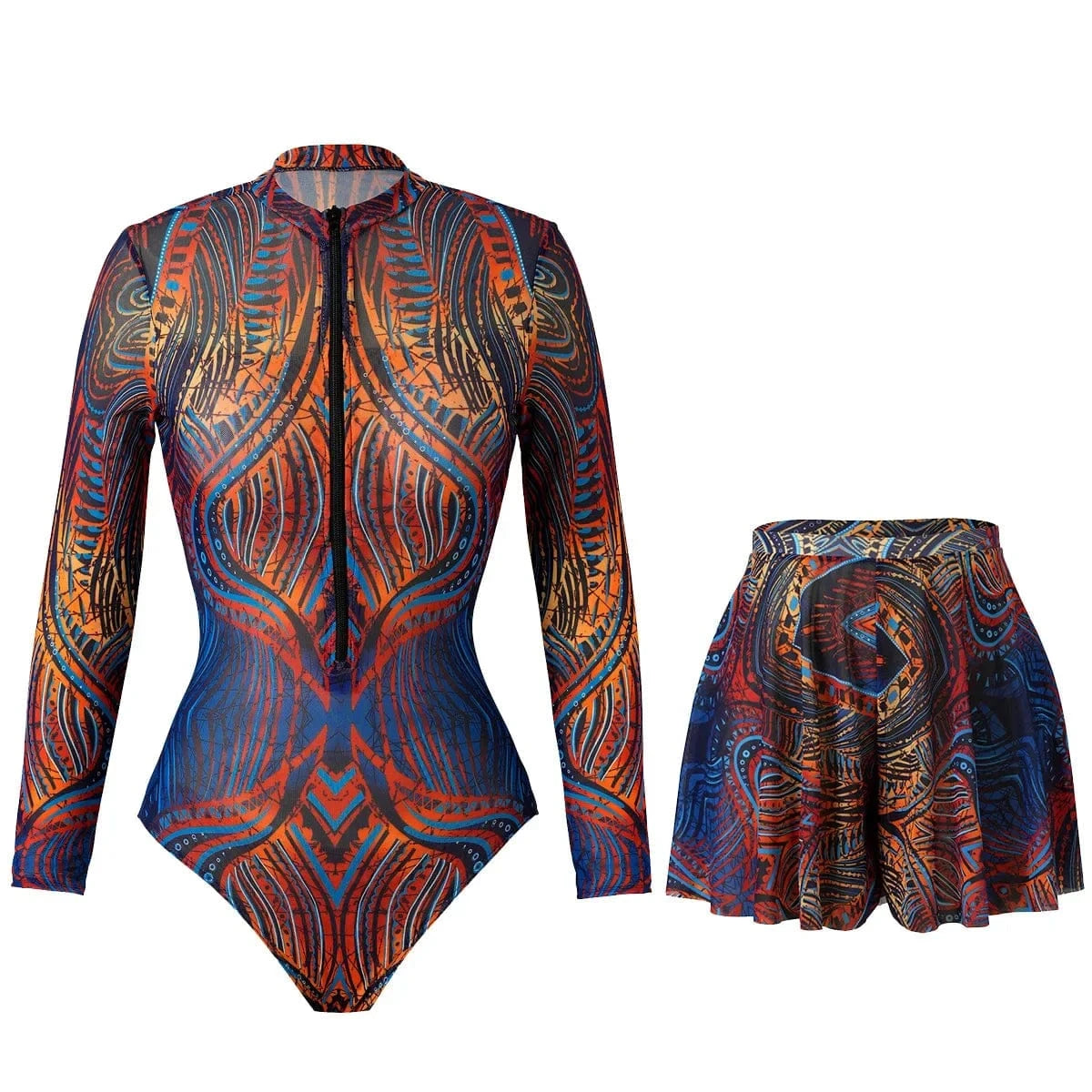 2025 Mesh Swimsuit with Long Sleeves Sexy One Piece Slimming Bathing Suit with Skirt & Long Pants Bodysuit Smart Beach Clothes - A-1 Thread Vault