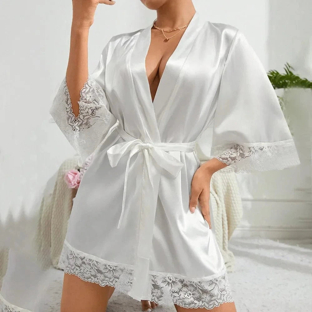 2025 New Ladies Elegant Satin Robe Lace Trim Kimono Short Sleepwear Nightgown V Neck Belted Bridal Loungewear Bridesmaid Gift - A-1 Thread Vault
