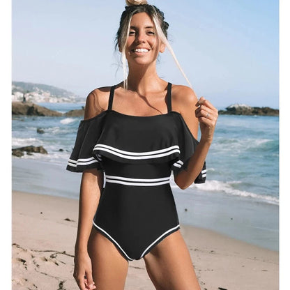 2025 New Sexy Off The Shoulder Solid Swimwear Women One Piece Swimsuit Female Bathing Suit Ruffle Monokini Swim Wear XL - A-1 Thread Vault