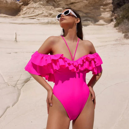 2025 New Sexy Off The Shoulder Solid Swimwear Women One Piece Swimsuit Female Bathing Suit Ruffle Monokini Swim Wear XL - A-1 Thread Vault