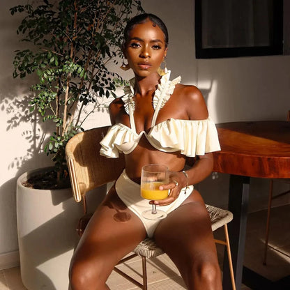 2025 New Sexy Off The Shoulder Solid Swimwear Women One Piece Swimsuit Female Bathing Suit Ruffle Monokini Swim Wear XL - A-1 Thread Vault