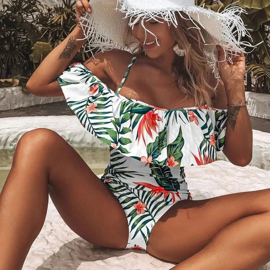 2025 New Sexy Off The Shoulder Solid Swimwear Women One Piece Swimsuit Female Bathing Suit Ruffle Monokini Swim Wear XL - A-1 Thread Vault