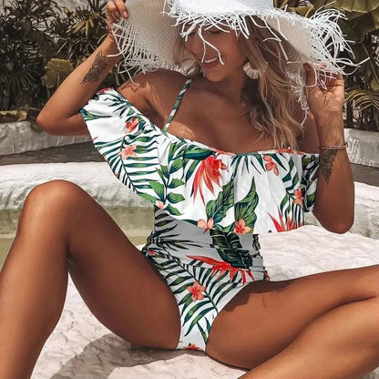 2025 New Sexy Off The Shoulder Solid Swimwear Women One Piece Swimsuit Female Bathing Suit Ruffle Monokini Swim Wear XL - A-1 Thread Vault