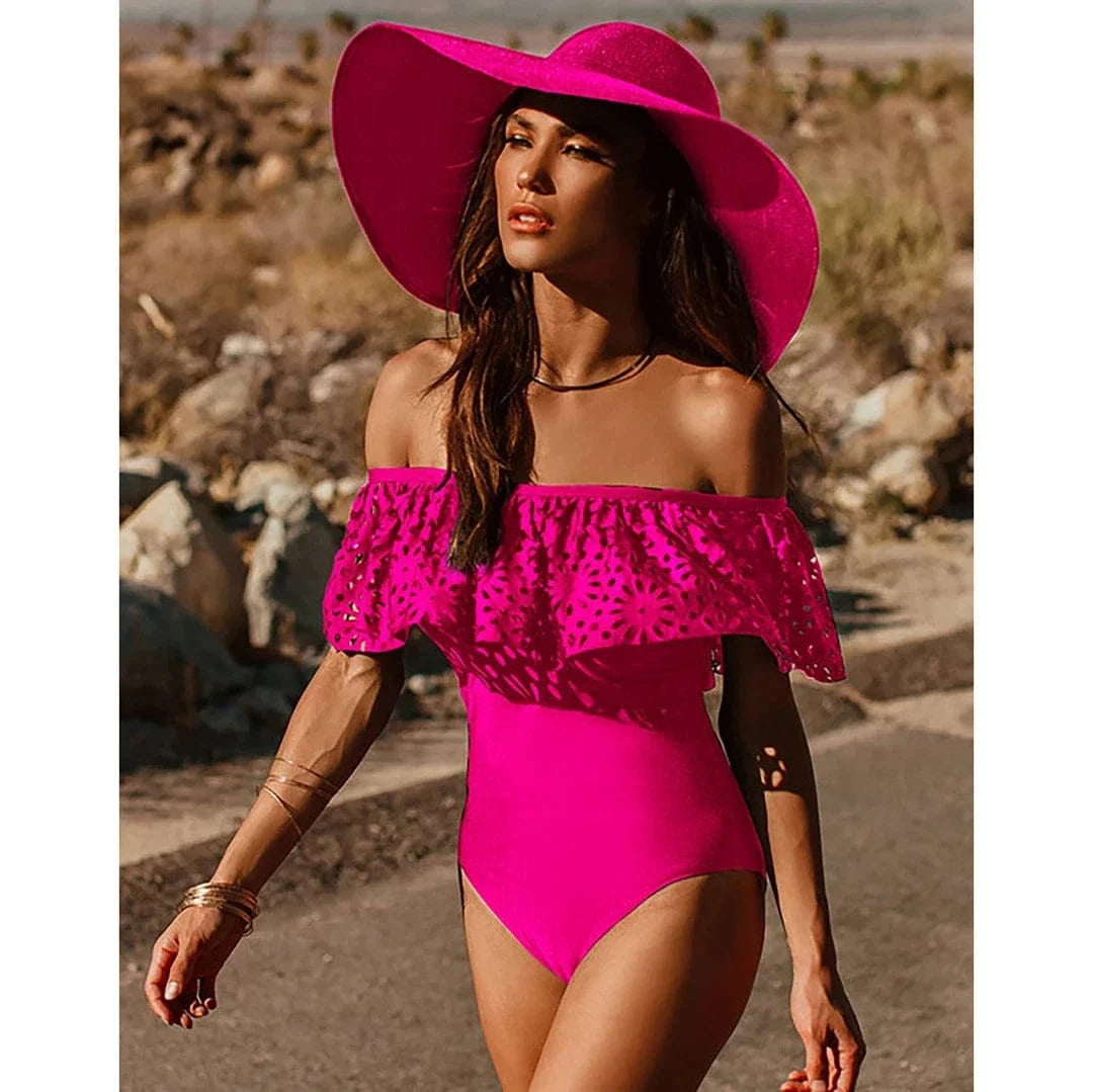 2025 New Sexy Off The Shoulder Solid Swimwear Women One Piece Swimsuit Female Bathing Suit Ruffle Monokini Swim Wear XL - A-1 Thread Vault