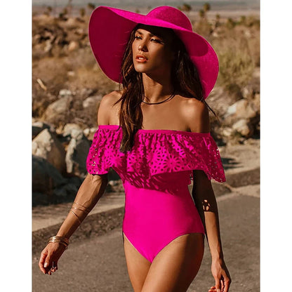 2025 New Sexy Off The Shoulder Solid Swimwear Women One Piece Swimsuit Female Bathing Suit Ruffle Monokini Swim Wear XL - A-1 Thread Vault