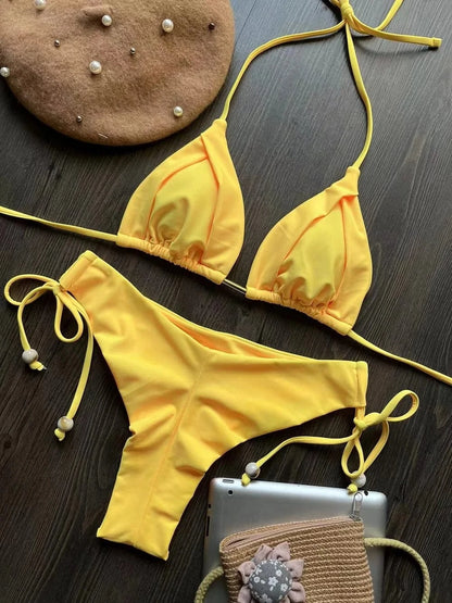 2025 New Sexy Triangle Bathing Suit for Women Brazilian Bikinis Halter Swimwear Push Up Swimsuit Metal Chain Beach Bikini Set - A-1 Thread Vault