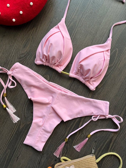 2025 New Sexy Triangle Bathing Suit for Women Brazilian Bikinis Halter Swimwear Push Up Swimsuit Metal Chain Beach Bikini Set - A-1 Thread Vault