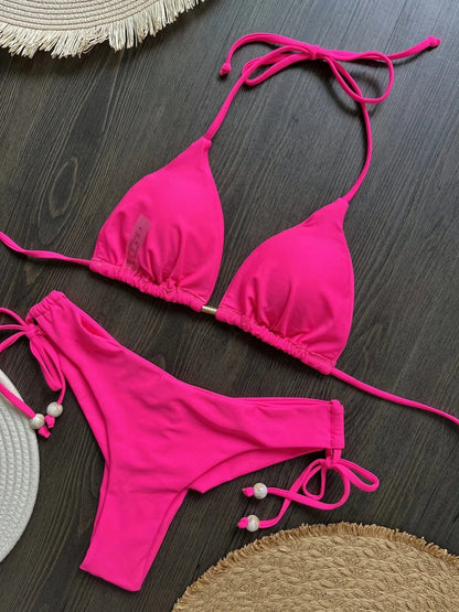 2025 New Sexy Triangle Bathing Suit for Women Brazilian Bikinis Halter Swimwear Push Up Swimsuit Metal Chain Beach Bikini Set - A-1 Thread Vault
