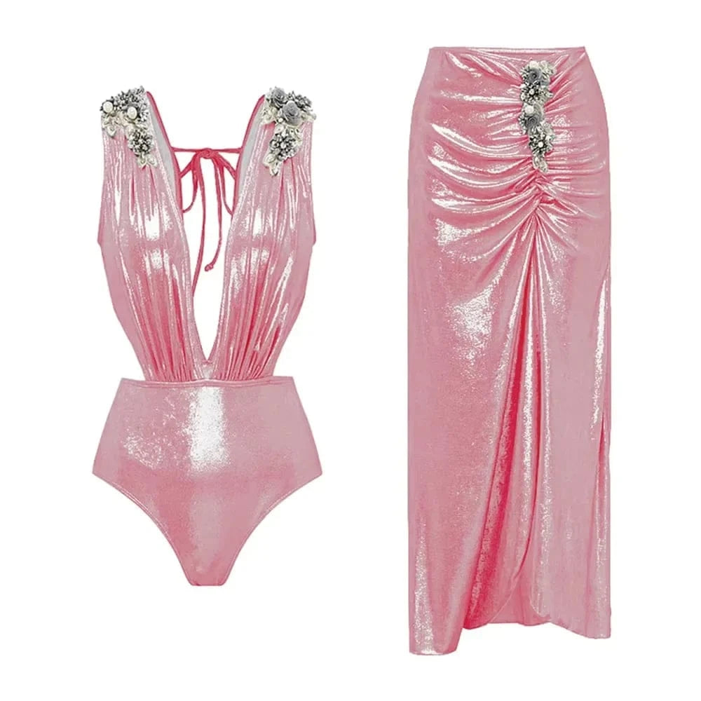 2025 New Swimsuit High-End Design 2/3Pcs Floral Print Ruffle Slimming Holiday Sexy Hot Spring One Piece Swimsuit for Women - A-1 Thread Vault