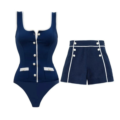 2025 Sexy Women's Swimsuit New Strapless Simple One-piece Swimwear with Shorts Two-piece Set Sliming Bodysuit Beachwear Monokini - A-1 Thread Vault